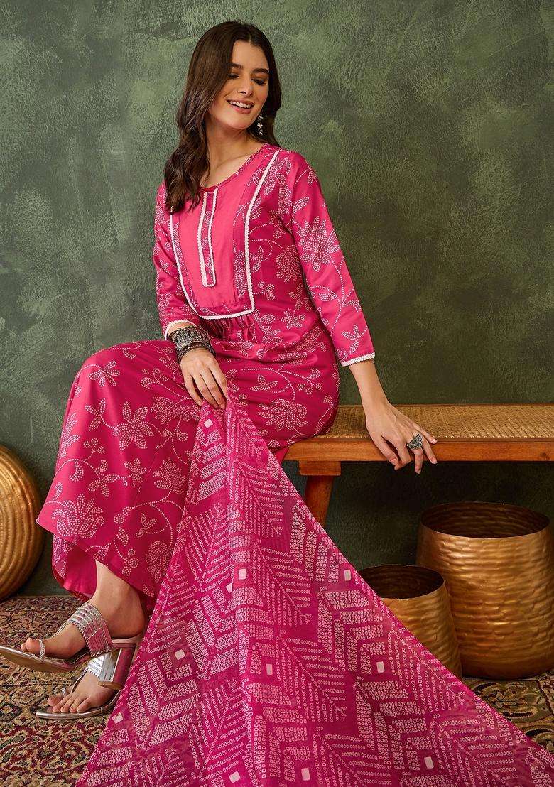 Pink Embroidered Rayon Kurta Set - Indya