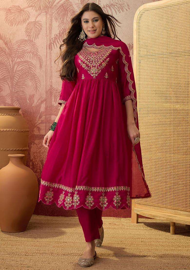 Pink Embroidered Silk Blend Kurta Set - Indya