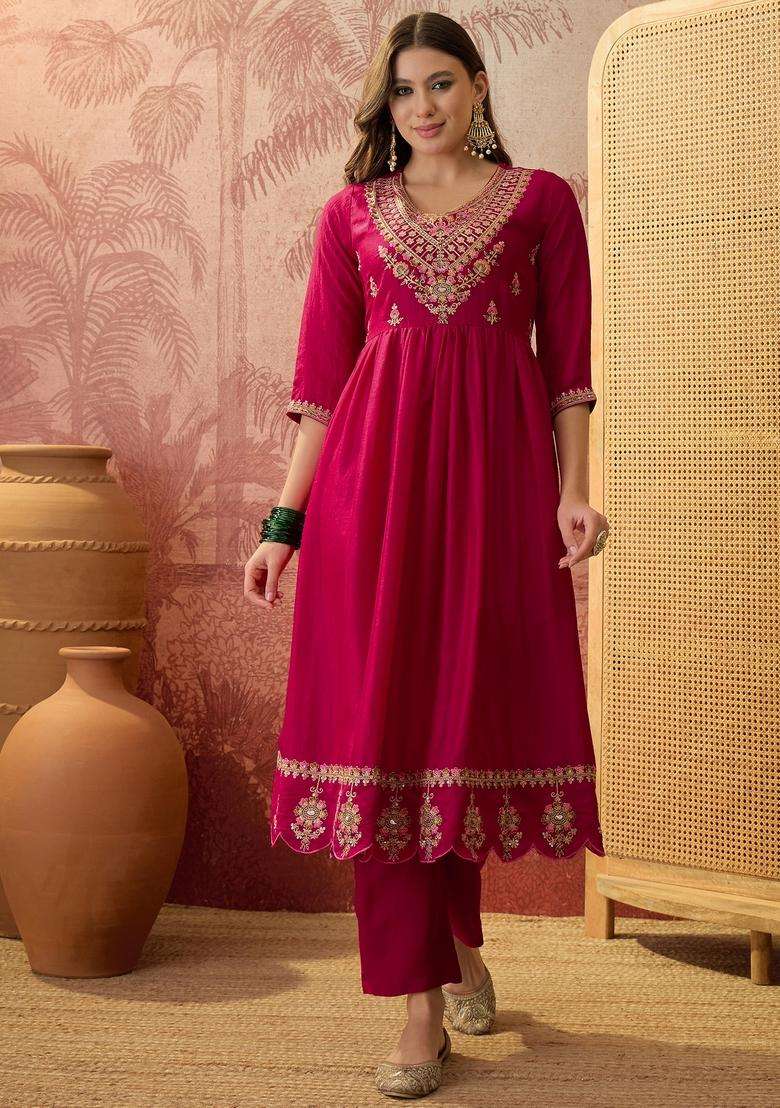 Pink Embroidered Silk Blend Kurta Set - Indya