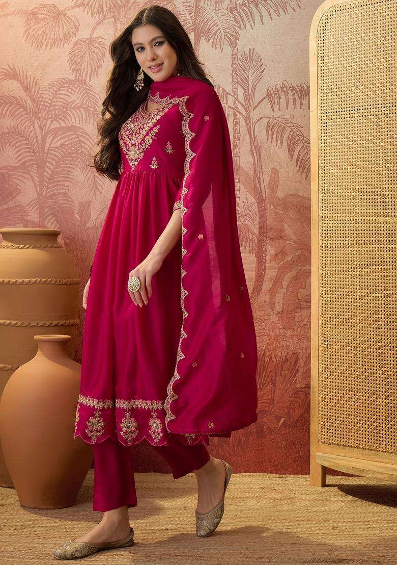 Pink Embroidered Silk Blend Kurta Set - Indya