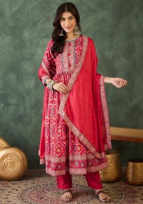 Red Embroidered Rayon Kurta Set