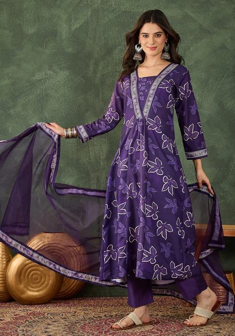 Purple Embroidered Rayon Kurta Set