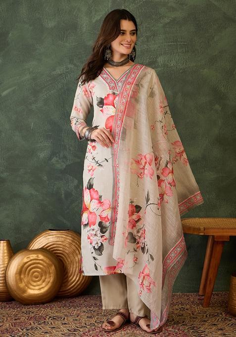 Cream Embroidered Rayon Kurta Set