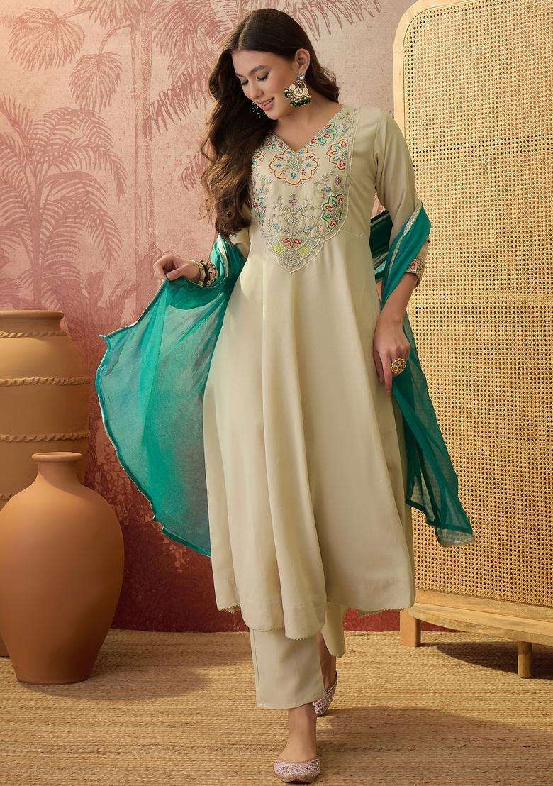Cream Embroidered Rayon Kurta Set - Indya