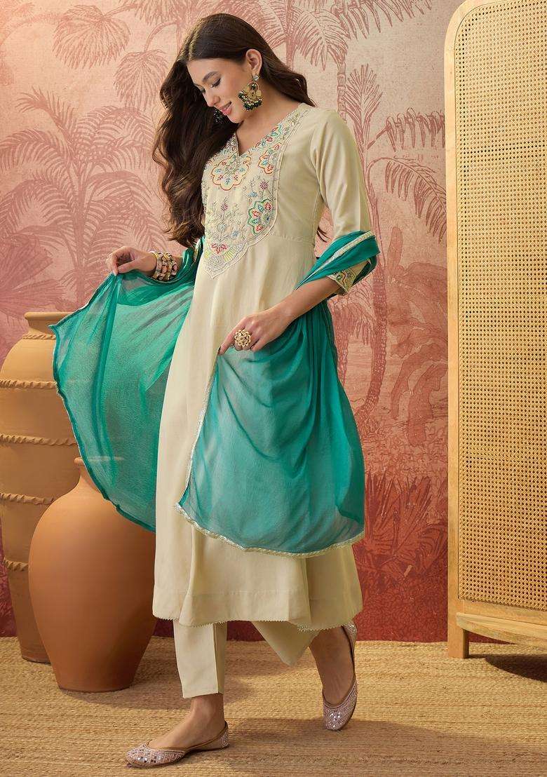 Cream Embroidered Rayon Kurta Set - Indya