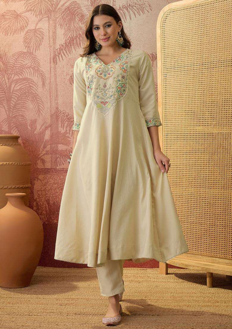 Cream Embroidered Rayon Kurta Set - Indya