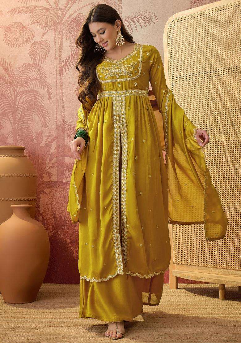 Yellow Embroidered Silk Blend Kurta Set - Indya
