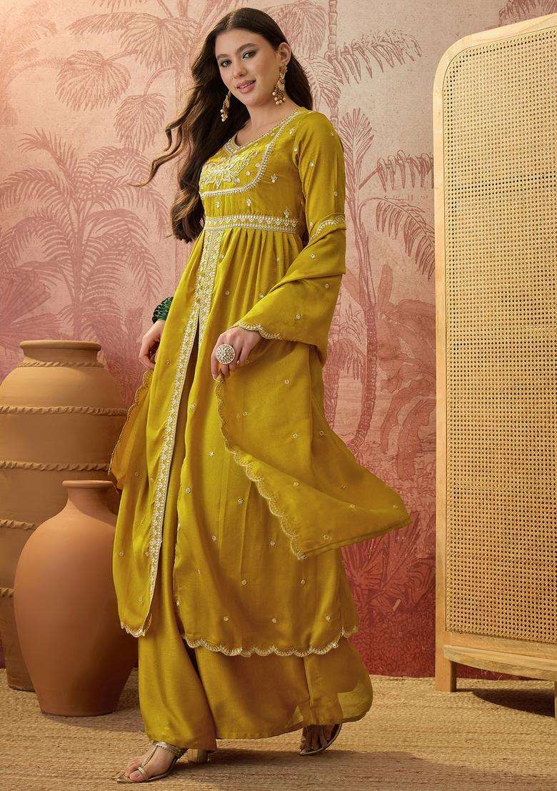 Yellow Embroidered Silk Blend Kurta Set - Indya