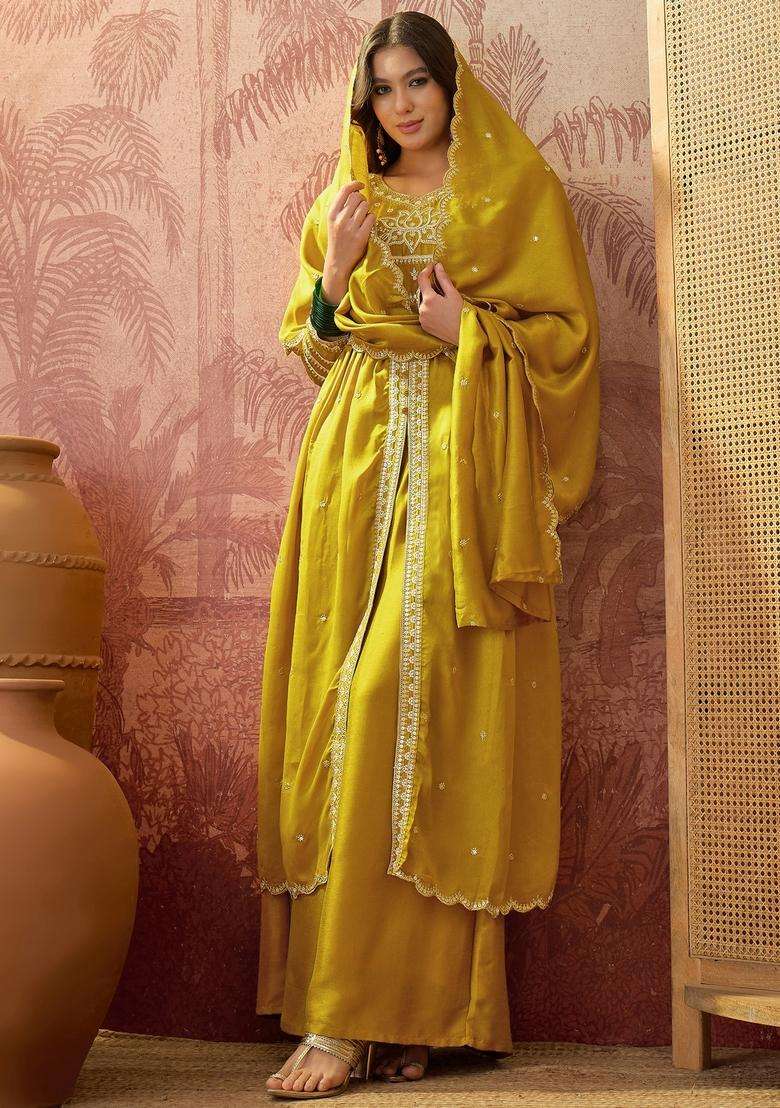Yellow Embroidered Silk Blend Kurta Set - Indya