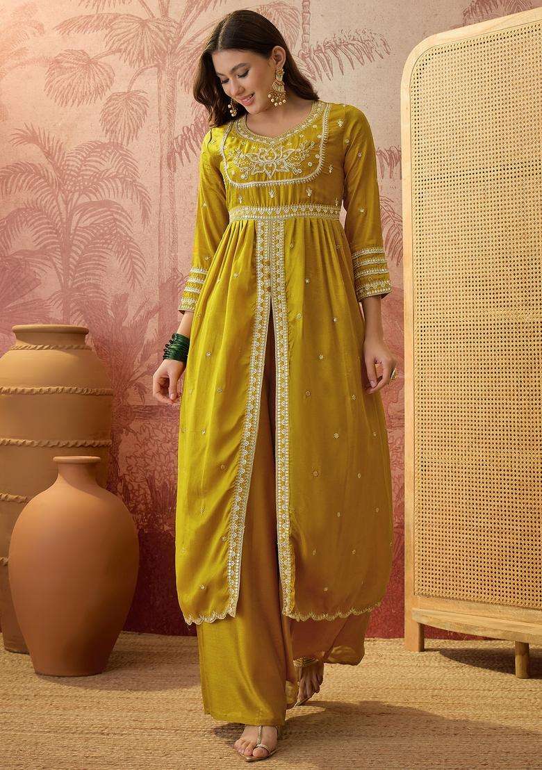Yellow Embroidered Silk Blend Kurta Set - Indya