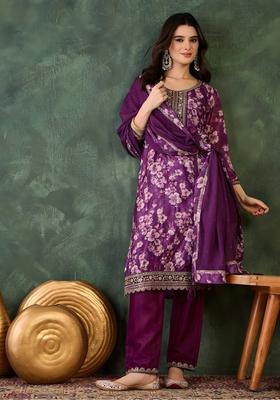 Purple Embroidered Silk Kurta Set