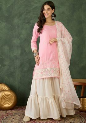 Peach Embroidered Cotton Kurta Set