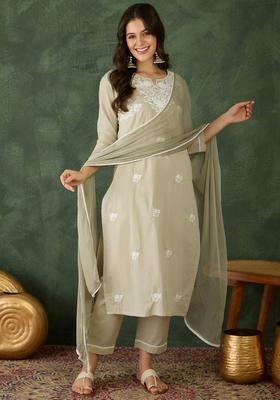 Pista Embroidered Silk Blend Kurta Set
