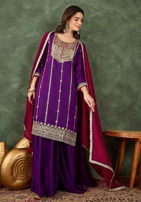 Purple Embroidered Silk Kurta Set