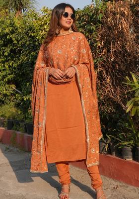 Orange Embroidered Silk Kurta Set