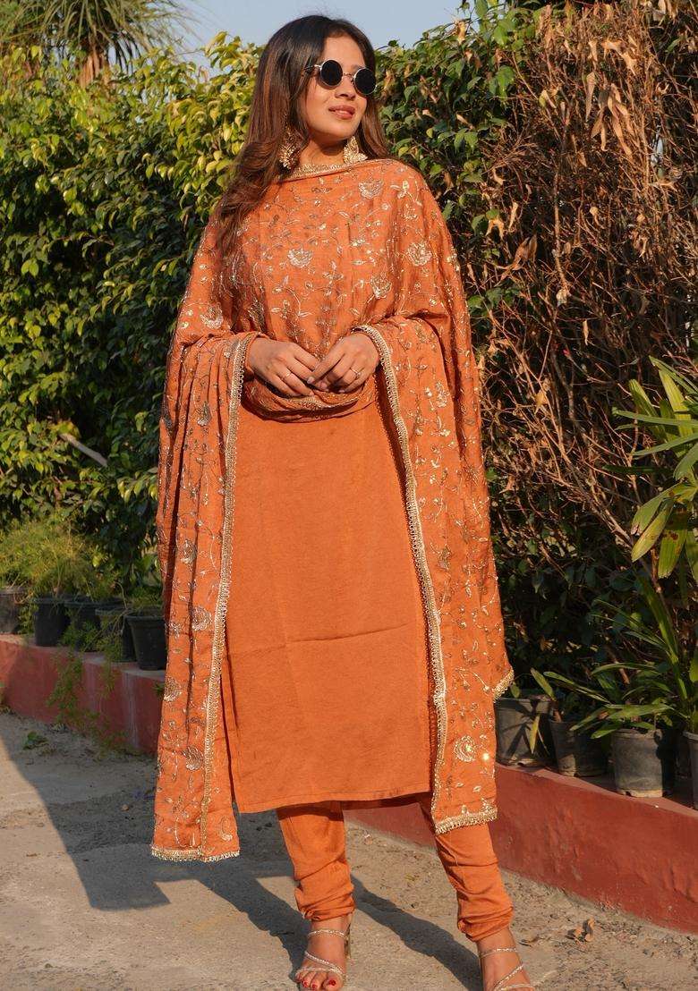 Orange Embroidered Silk Kurta Set - Indya