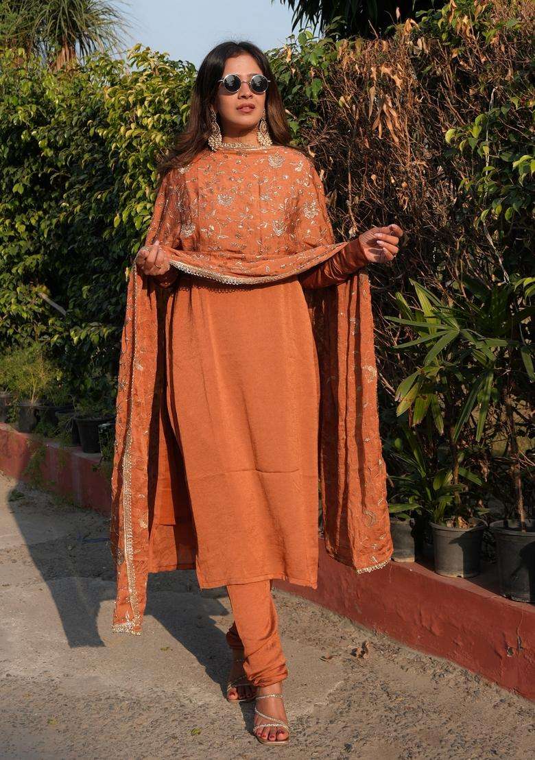 Orange Embroidered Silk Kurta Set - Indya