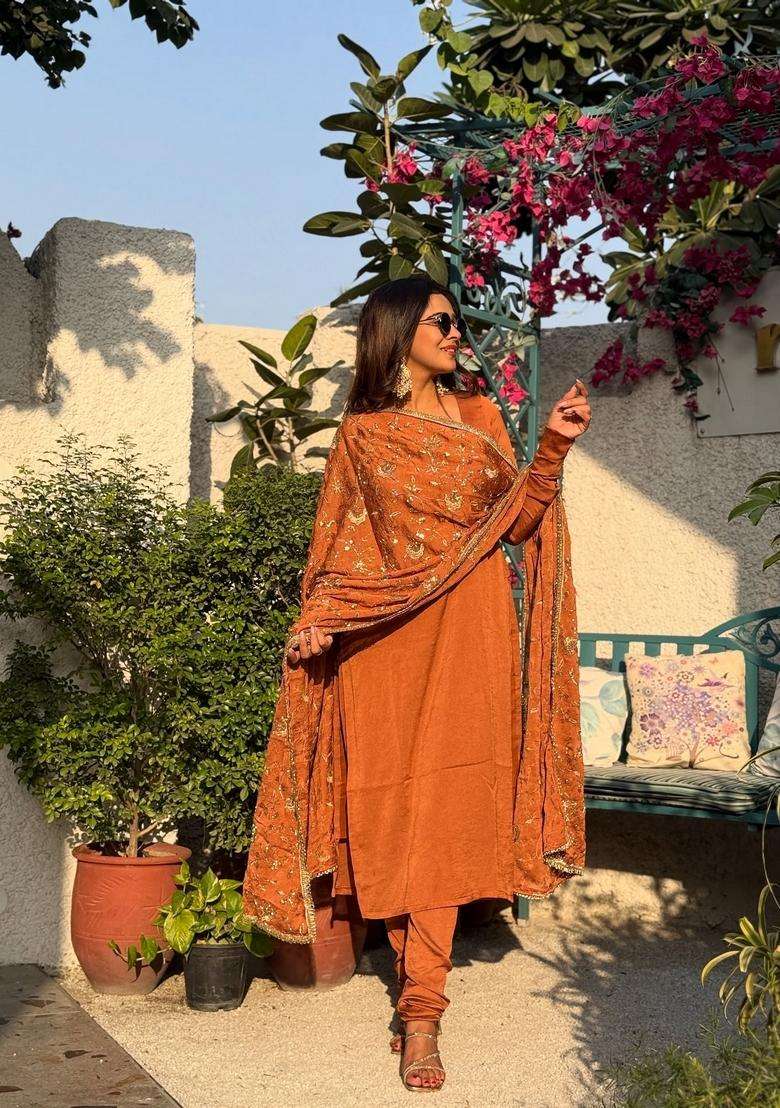 Orange Embroidered Silk Kurta Set - Indya