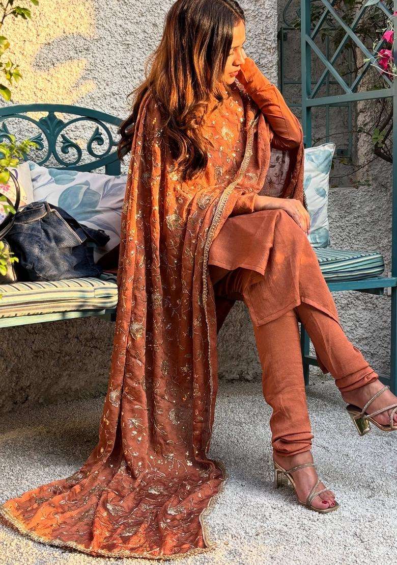 Orange Embroidered Silk Kurta Set - Indya