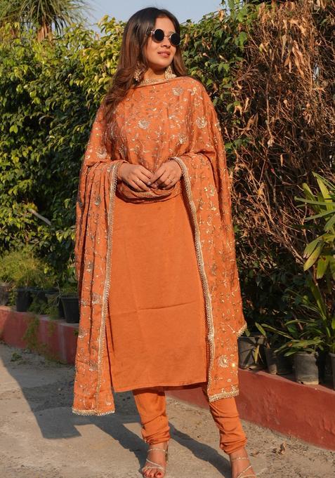 Orange Embroidered Silk Kurta Set
