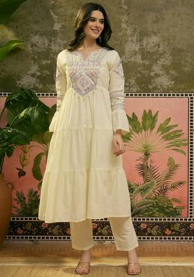 Cream Embroidered Cotton Kurta Set
