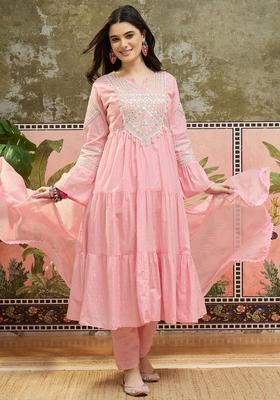 Pink Embroidered Cotton Kurta Set