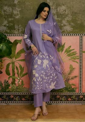 Purple Embroidered Silk Kurta Set