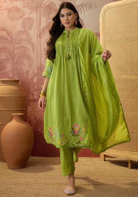 Green Embroidered Silk Kurta Set