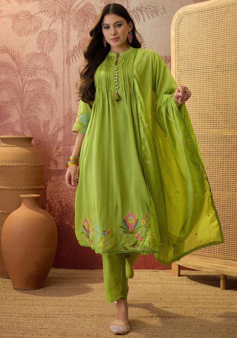 Green Embroidered Silk Kurta Set