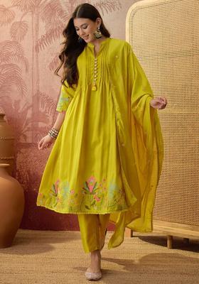 Yellow Embroidered Silk Kurta Set
