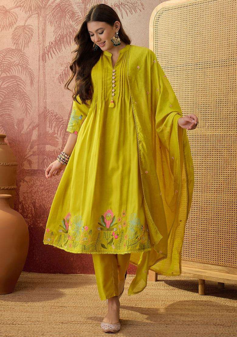Yellow Embroidered Silk Kurta Set - Indya