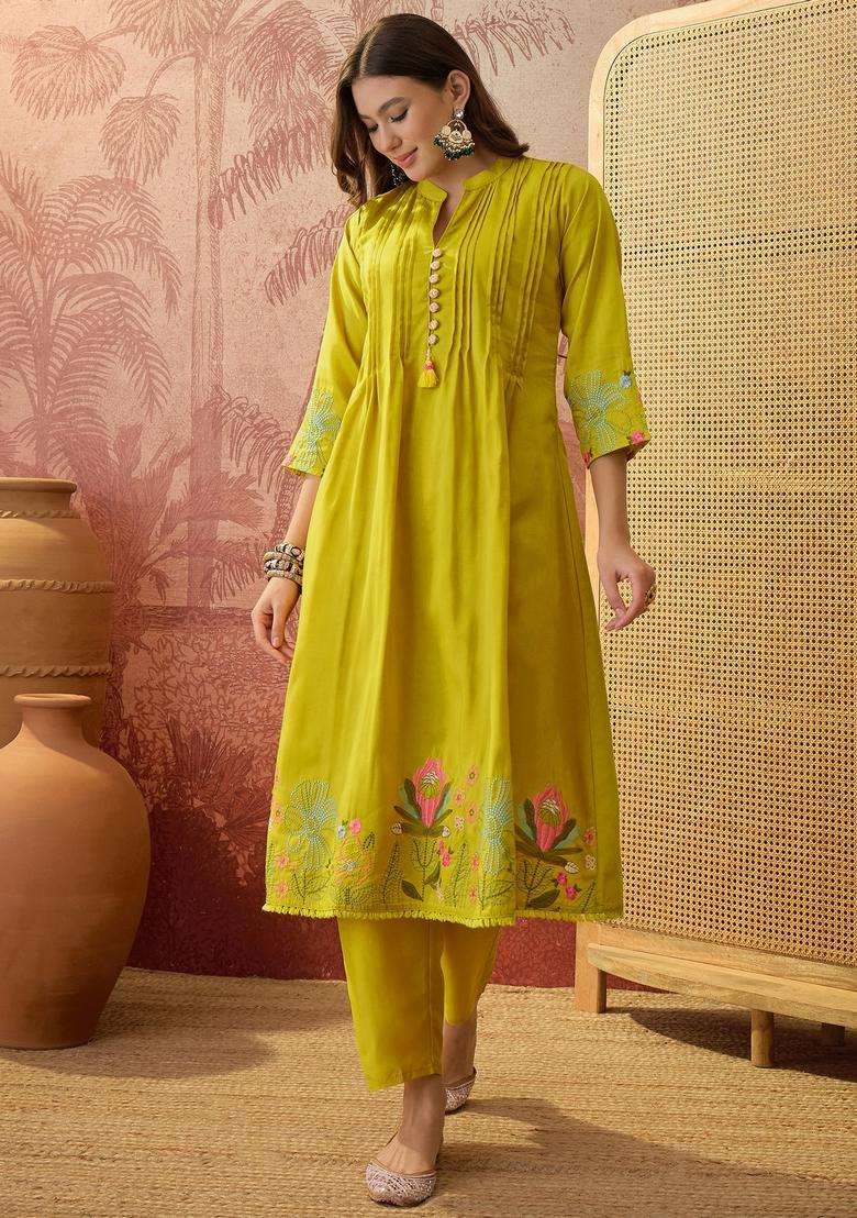 Yellow Embroidered Silk Kurta Set - Indya