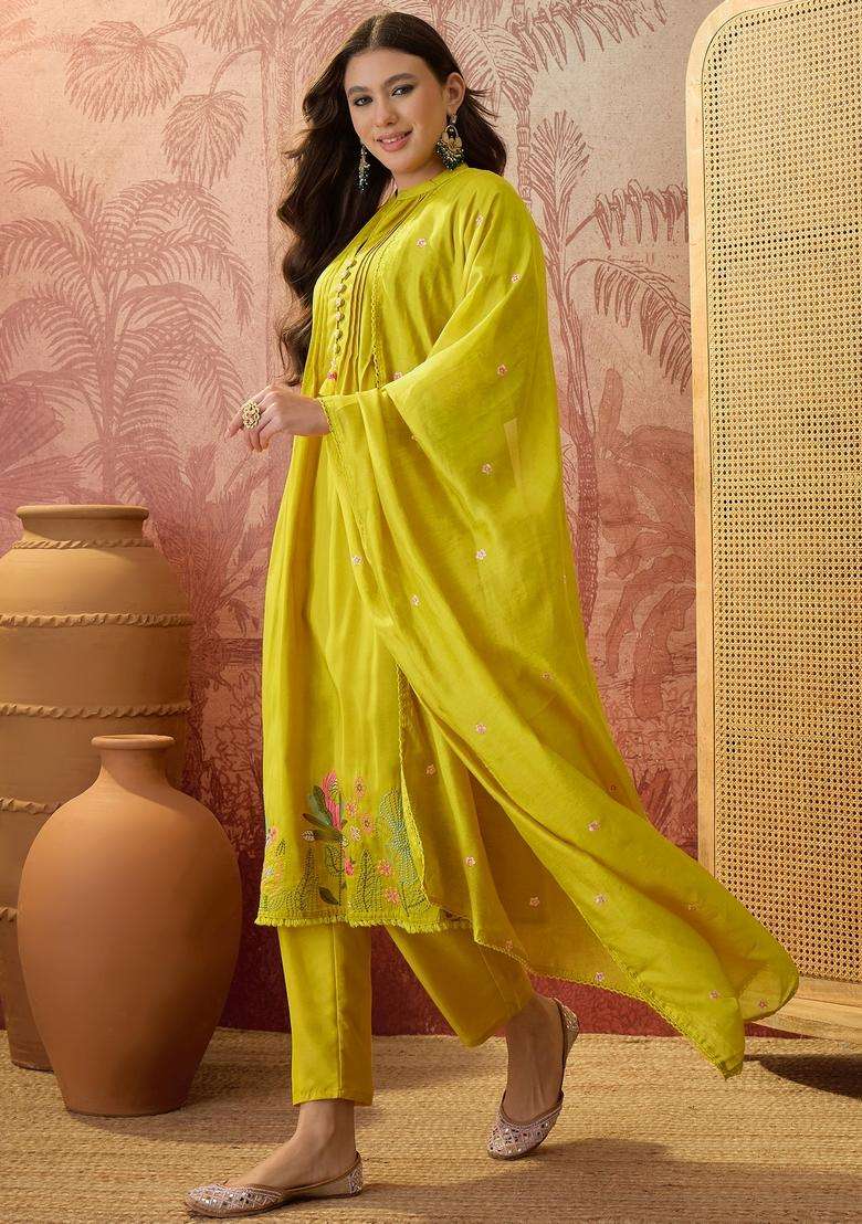 Yellow Embroidered Silk Kurta Set - Indya