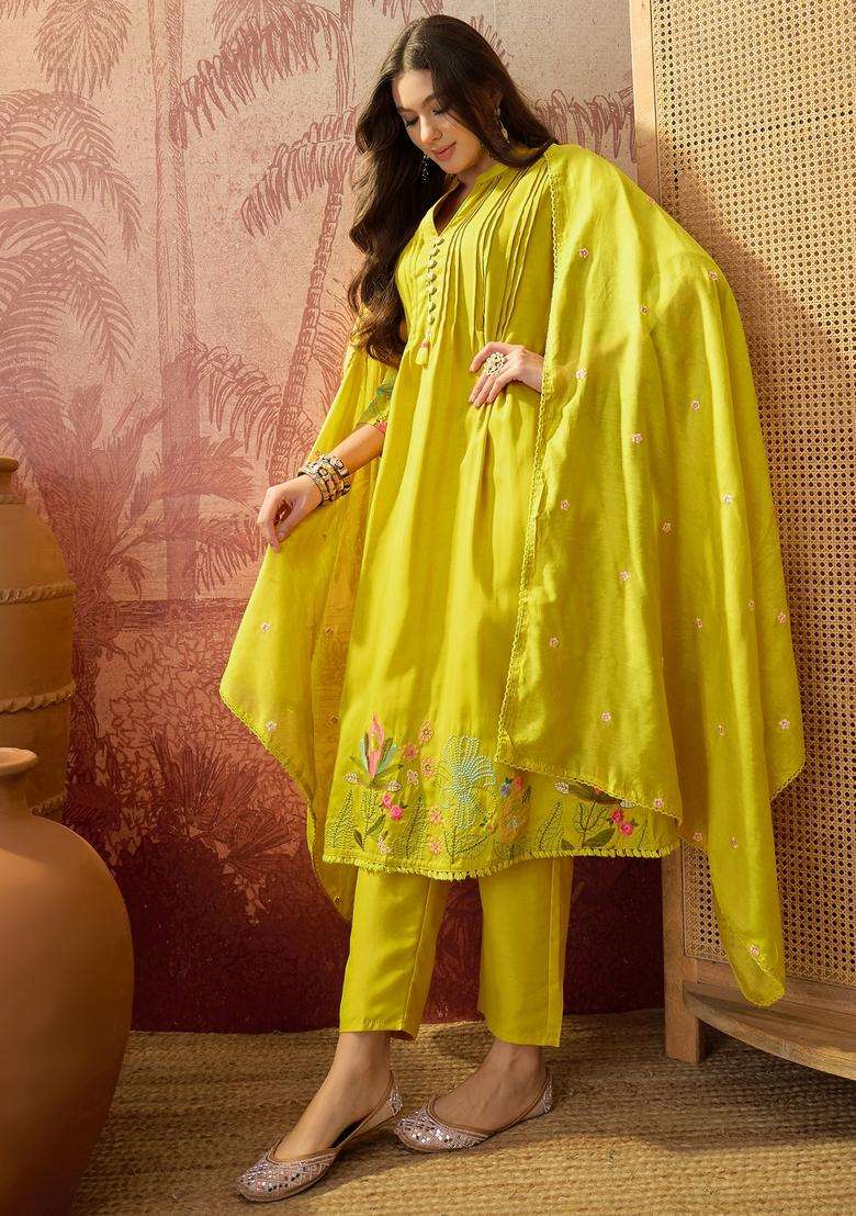 Yellow Embroidered Silk Kurta Set - Indya