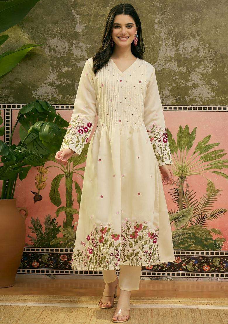 Cream Embroidered Silk Blend Kurta Set - Indya