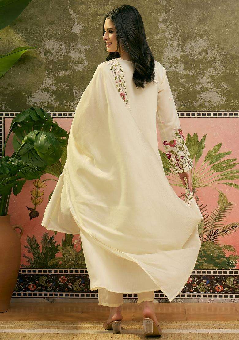 Cream Embroidered Silk Blend Kurta Set - Indya