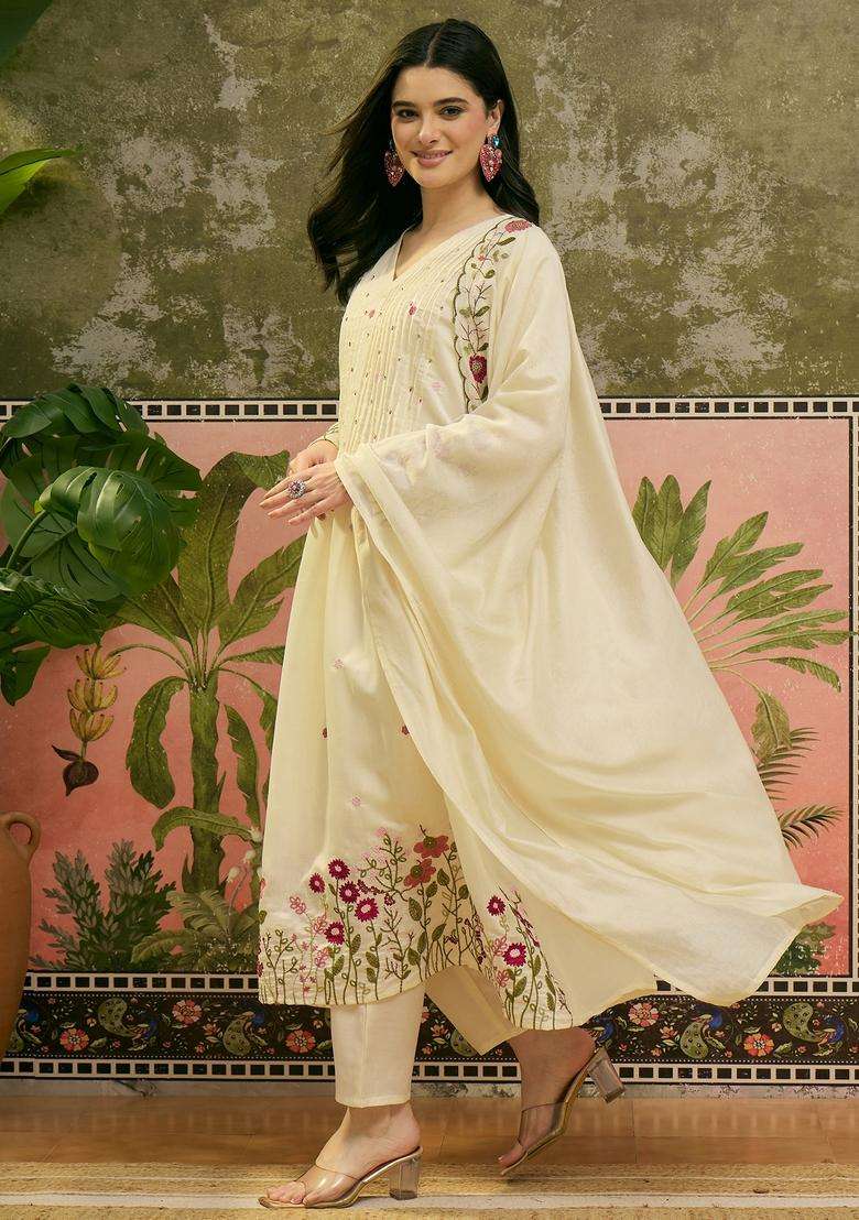 Cream Embroidered Silk Blend Kurta Set - Indya