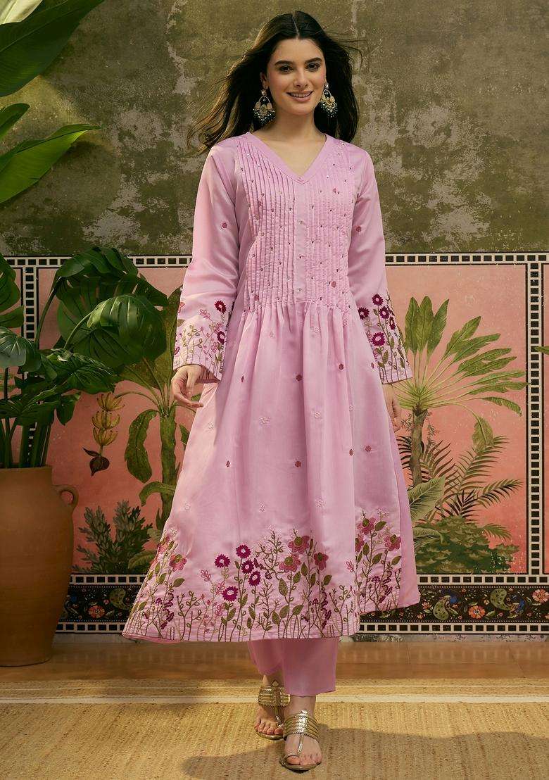 Pink Embroidered Silk Blend Kurta Set - Indya