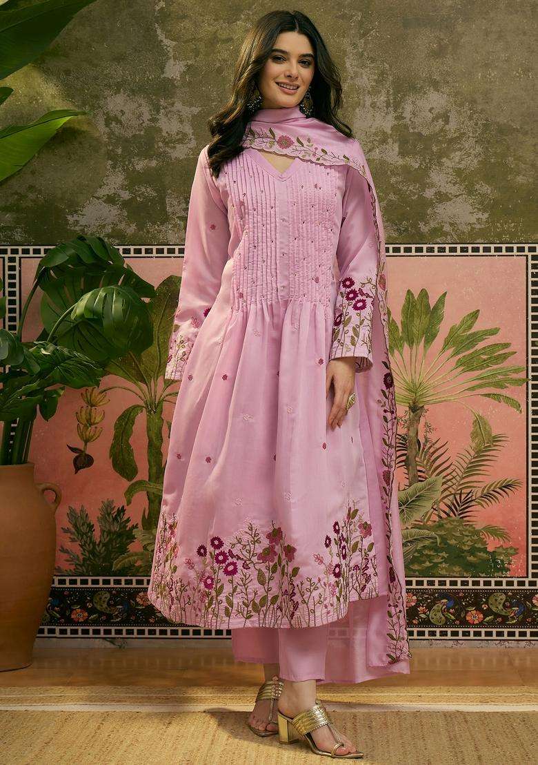 Pink Embroidered Silk Blend Kurta Set - Indya
