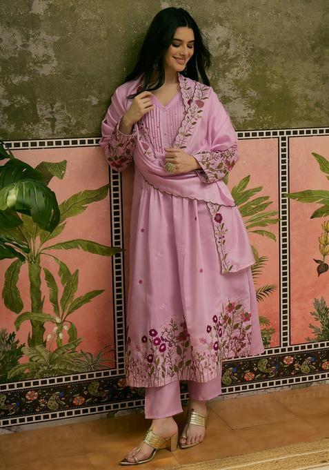 Pink Embroidered Silk Kurta Set