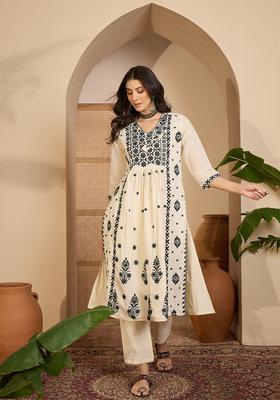 Cream Embroidered Silk Kurta Set