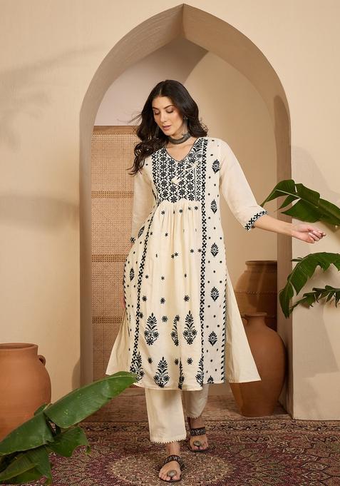 Cream Embroidered Silk Kurta Set