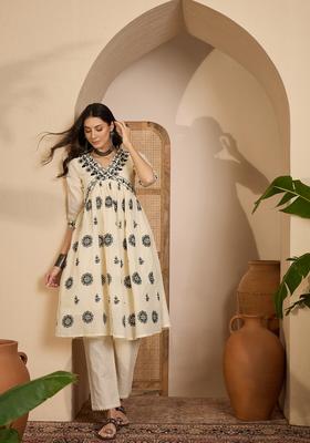 Cream Embroidered Silk Kurta Set