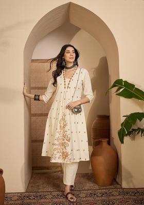 Cream Embroidered Silk Kurta Set