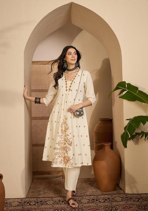 Cream Embroidered Silk Kurta Set