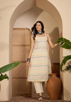 Cream Embroidered Silk Kurta Set