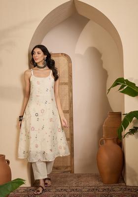 Cream Embroidered Silk Kurta Set