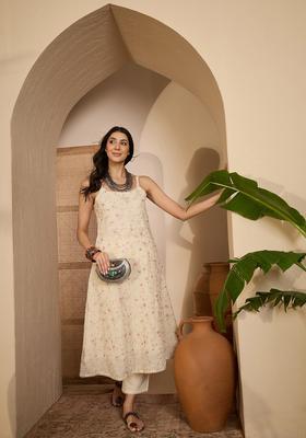 Cream Embroidered Silk Kurta Set