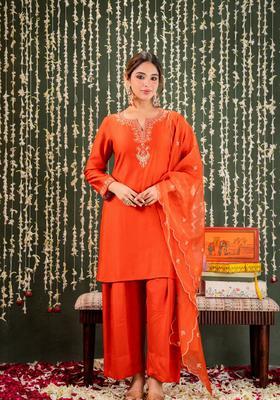Orange Embroidered Silk Kurta Set