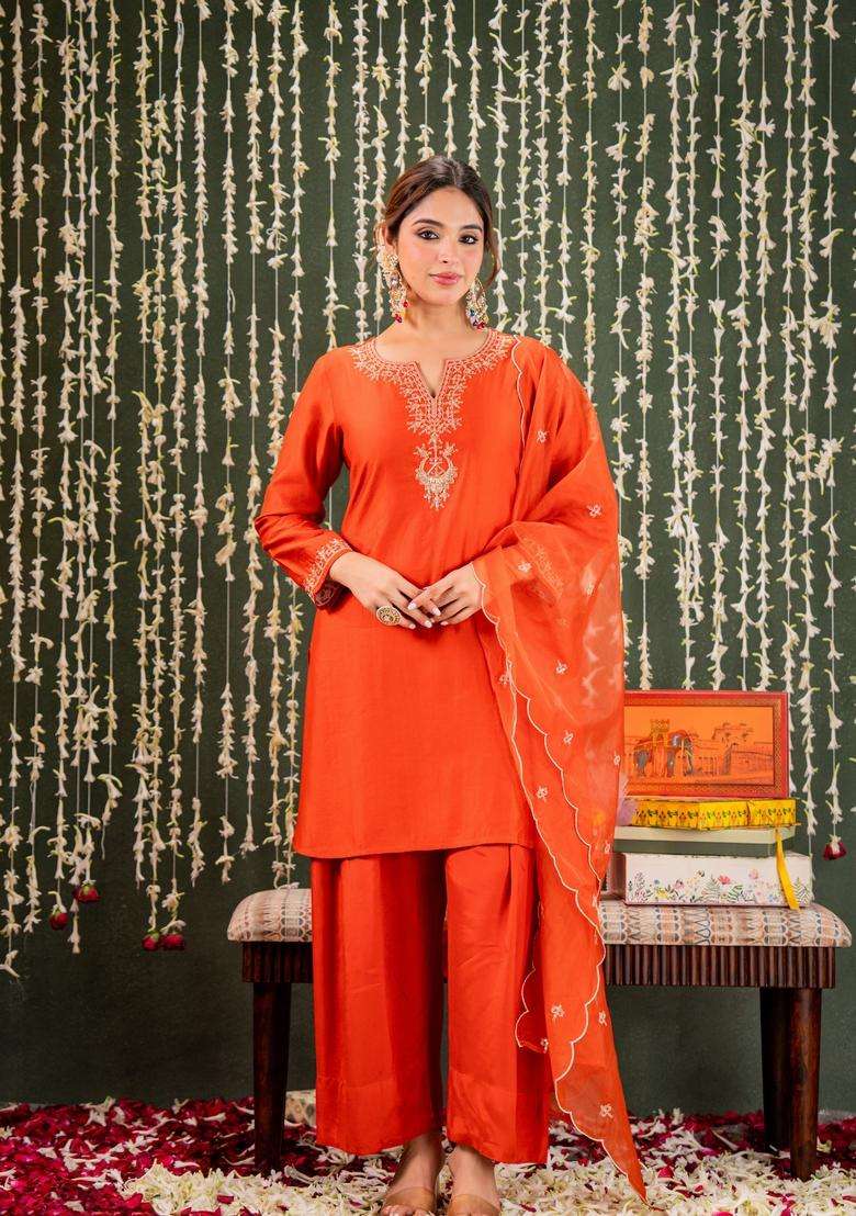 Orange Embroidered Silk Kurta Set - Indya